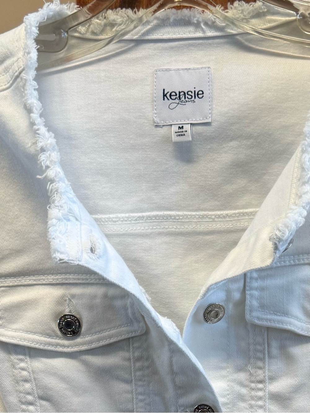 Kensie White Frayed-Collar Denim Jacket